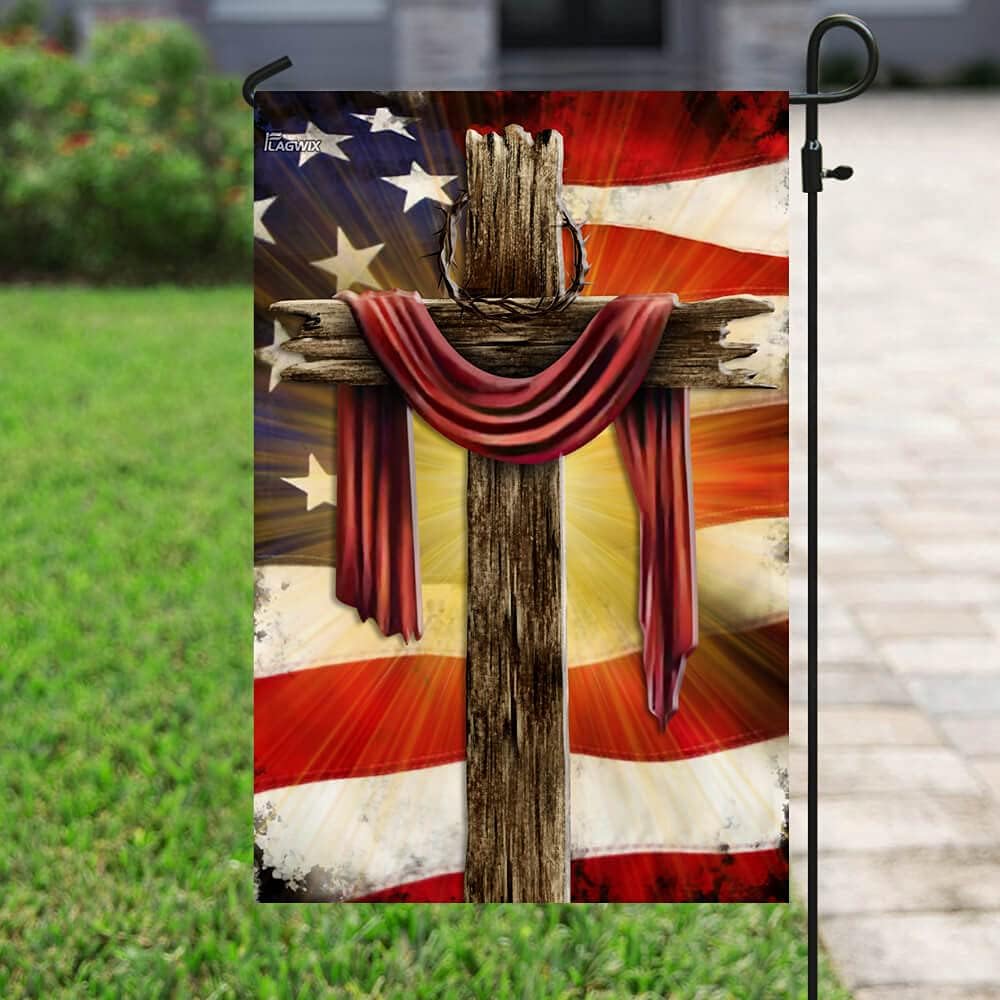 Flags-Jesus Christian Cross American Flag THB2185F, Garden Flag (11.5" x 17.5")-USA House Garden Flags Premium Polyester-Decorative Outdoor Flags