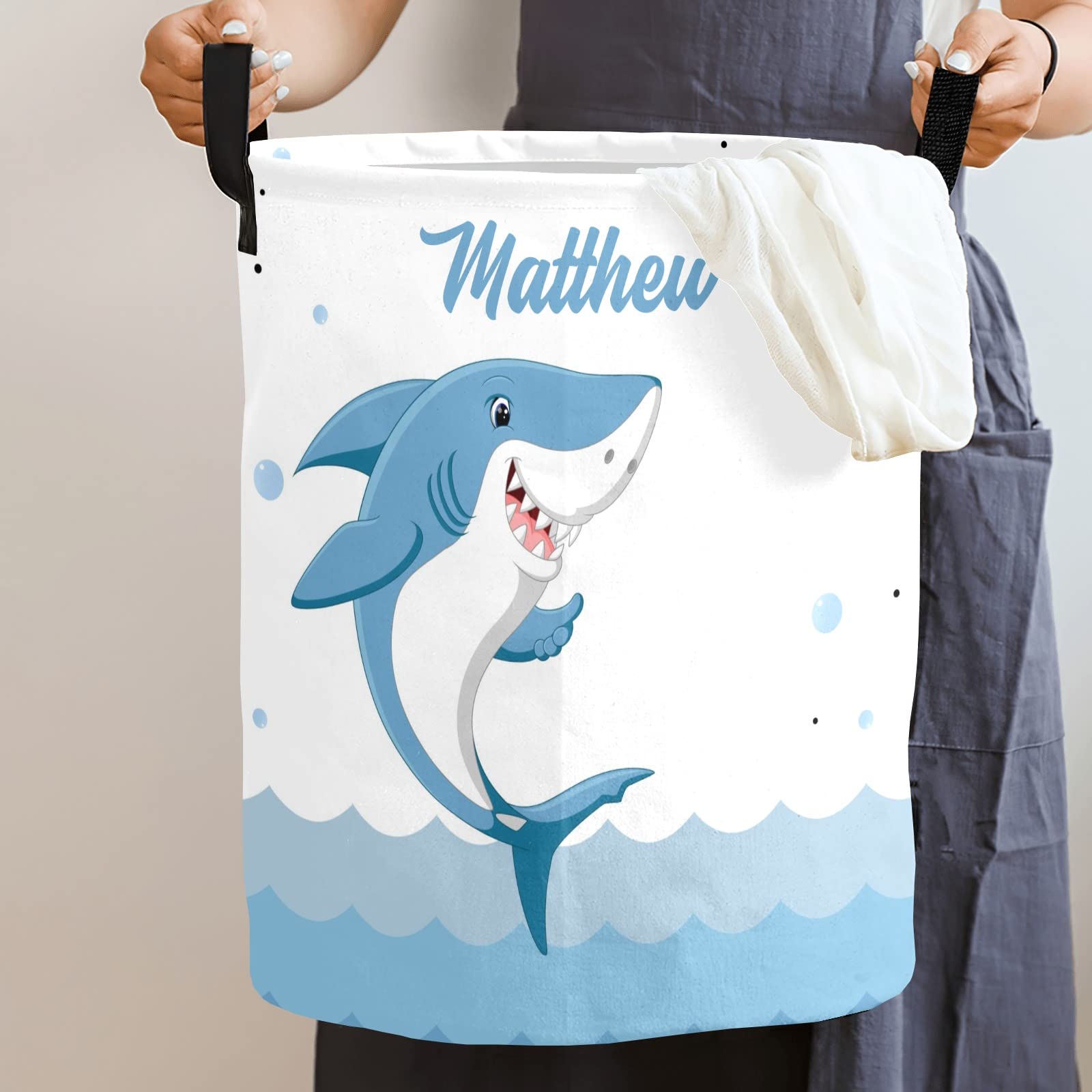Shark Blue Personalized Laundry Basket Clothes Hamper with Handles Waterproof,Collapsible Laundry Storage Baskets for Bathroom,Bedroom Decorative 19.7