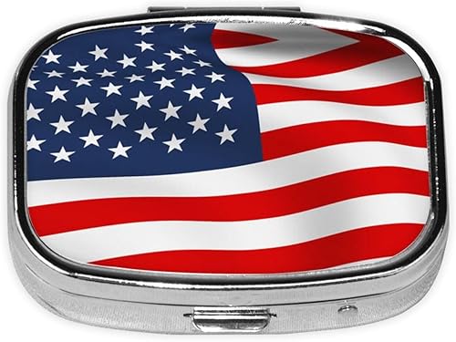 Pastillero pequeño de 2 compartimentos con estampado patriótico de la bandera estadounidense, pastillero portátil, pastillero de viaje diario para