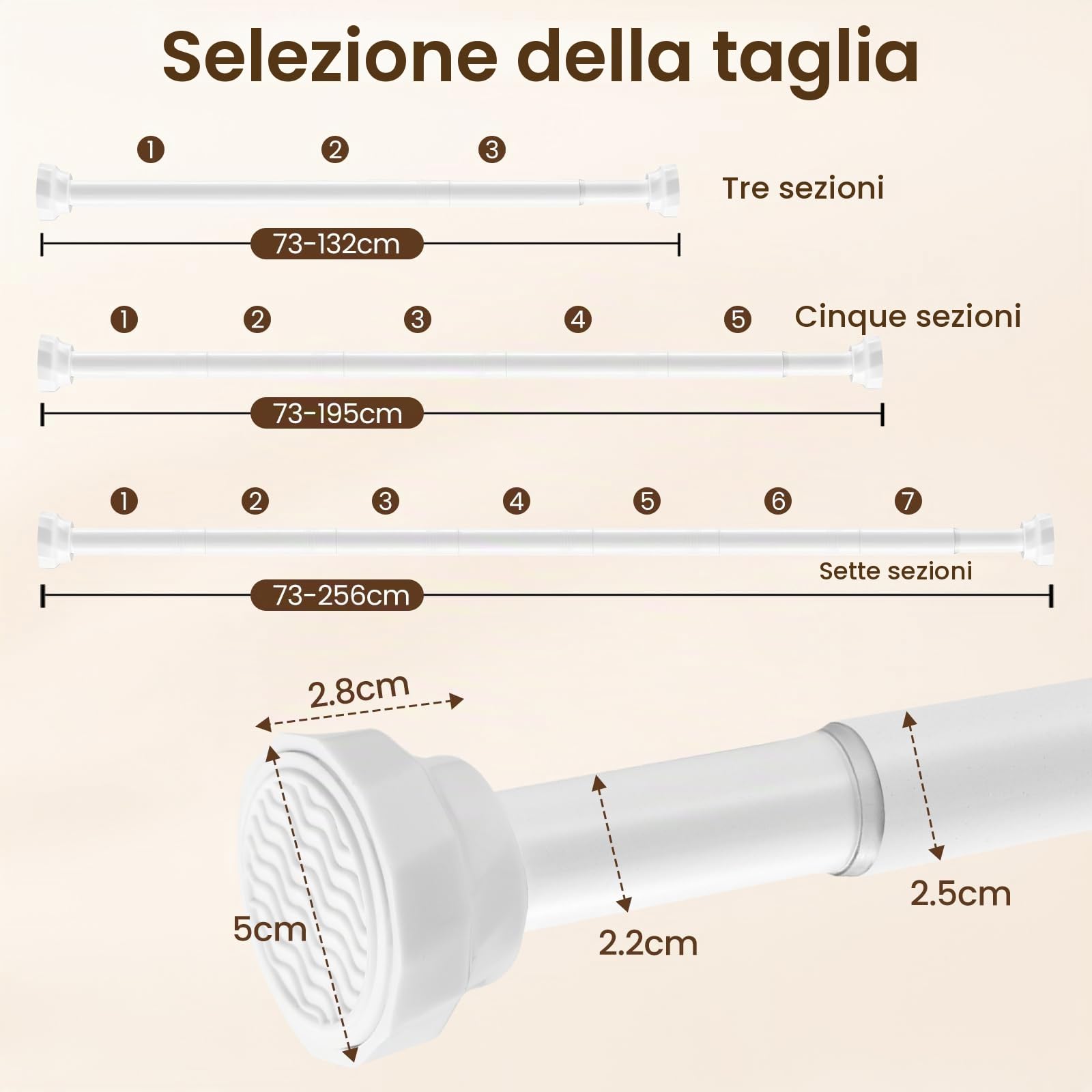 Bastone per Tenda Estensibile Bianco 76-256cm, Ø25mm Asta Telescopica Senza Foratura, Asta per Tenda Doccia per Bagno, Armadio e Balcone