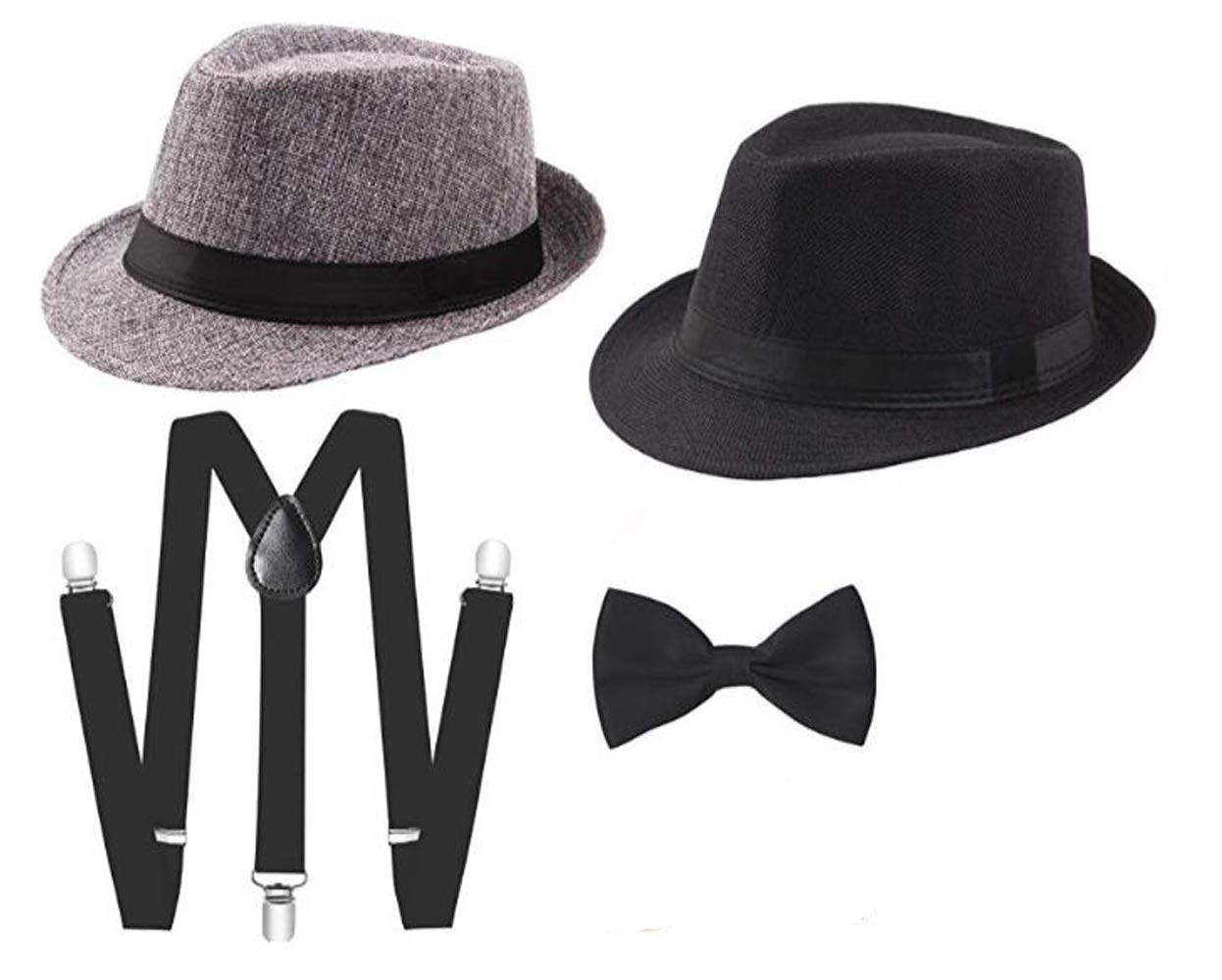 clothera Black Suspender and Bow Tie Set with 1 Black and 1 Grey Hat for Men-picture-41