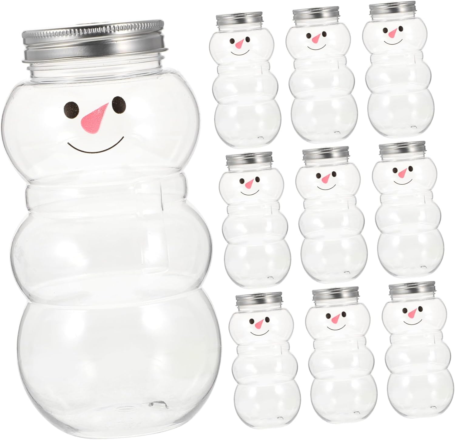 10pcs Christmas Snowman Juice Bottles Lids Sealed Beverage Jars for Juice Outdoor Candy Storage Food-grade Safe Material Leak Design