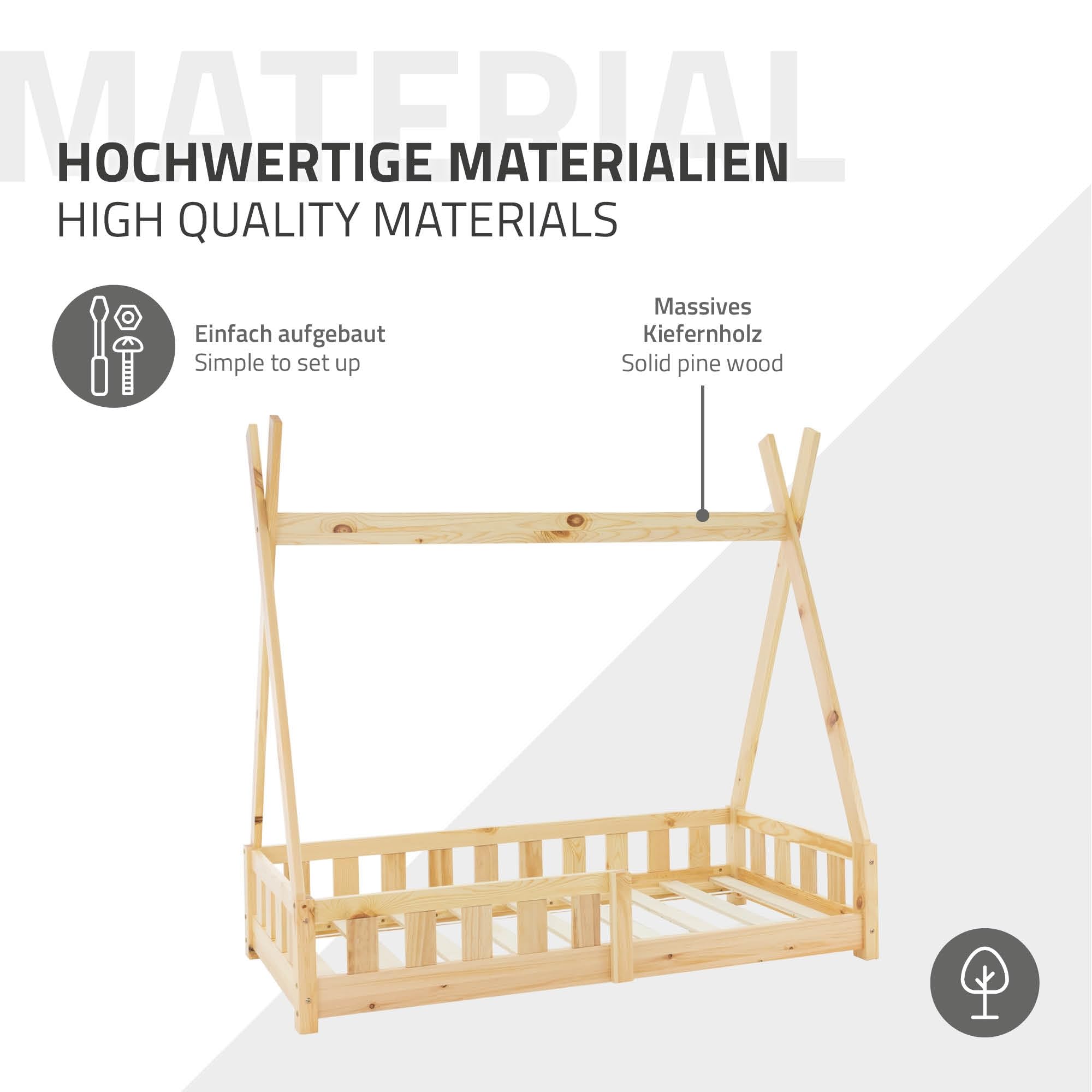 ML-Design Kinderbett Tipi 70x140 cm Natur mit Rausfallschutz und Lattenrost, Indianer Bett aus Kiefernholz für Mädchen & Jungen, Hausbett mit Zaun, Kinderhaus Bodenbett Jugendbett Spielbett Zelt
