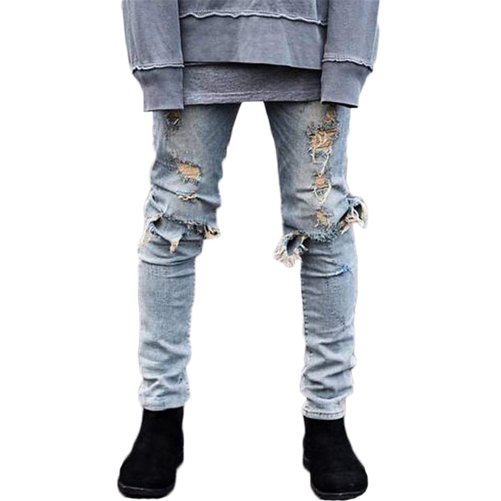 Andongnywell Mens Destroyed Ripped Straight Fit Jeans Distressed Slim Fit Biker Stretch Denim Pants Trousers