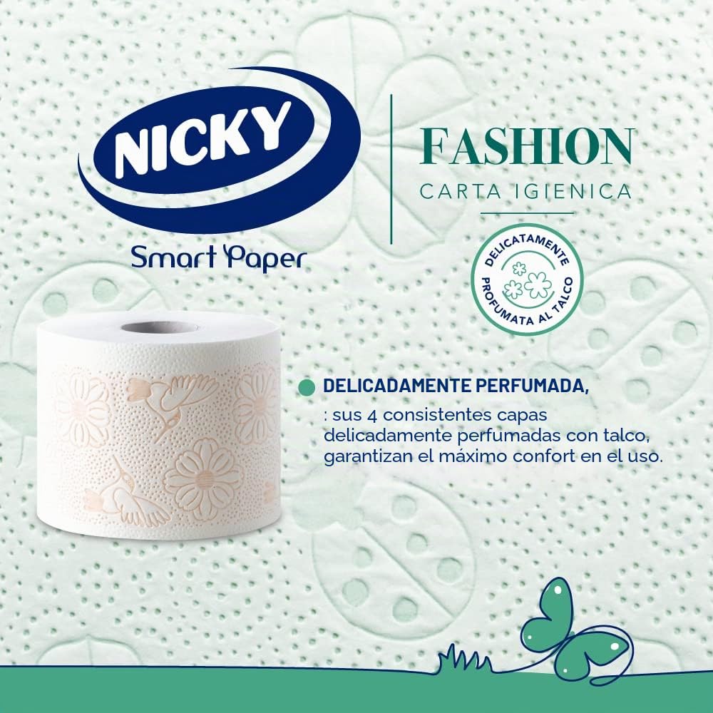 Nicky Fashion Papel higiénico de 4 capas, paquete de 36 rollos (3 x 12 rollos), 165 lágrimas por rollo, resistente decorada y suave en la piel, delicadamente perfumado con talco | 165 tiras por rollo, decoradas, resistentes y suaves sobre la piel, delicad
