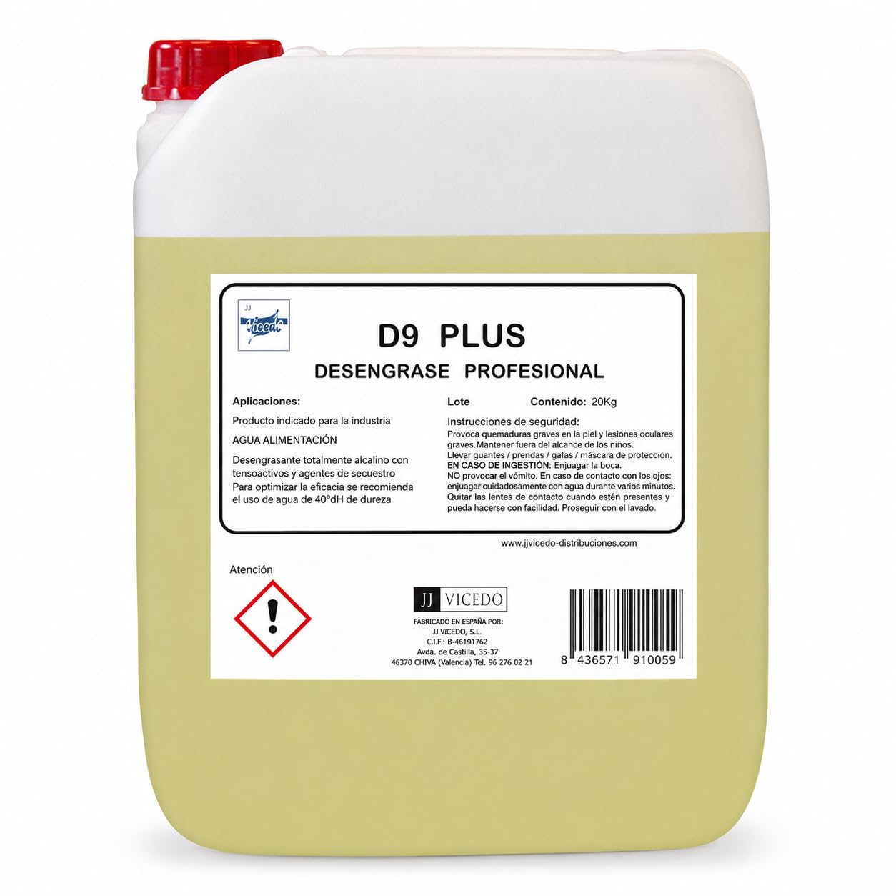 D9-PLUS Quitagrasas Profesional 20 L, Uso Directo, Desengrasante Enérgico para Filtros de Campana, Planchas, Superficies, Suelos y Grasas Alimentarias.