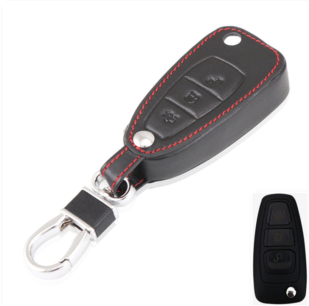 Happyit Black Leather Car Fob Key Cover Case Keychain For Ford Focus 3 Mk3 Mk4 Kuga Edge Mondeo Titanium 3 Buttons (Black)