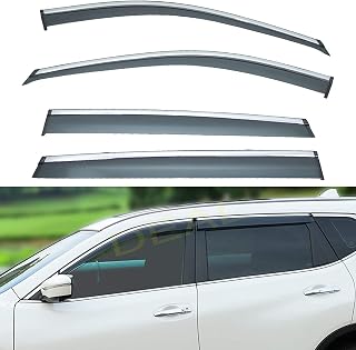 DEAL AUTO ELECTRIC PARTS 4-Piece Set Outside Mount Tape On/Clip On Type Smoke Tinted Sun/Rain Guard Vent Window Visors With Chrome Trim Compatible With 2014-2020 X-Trail Rogue