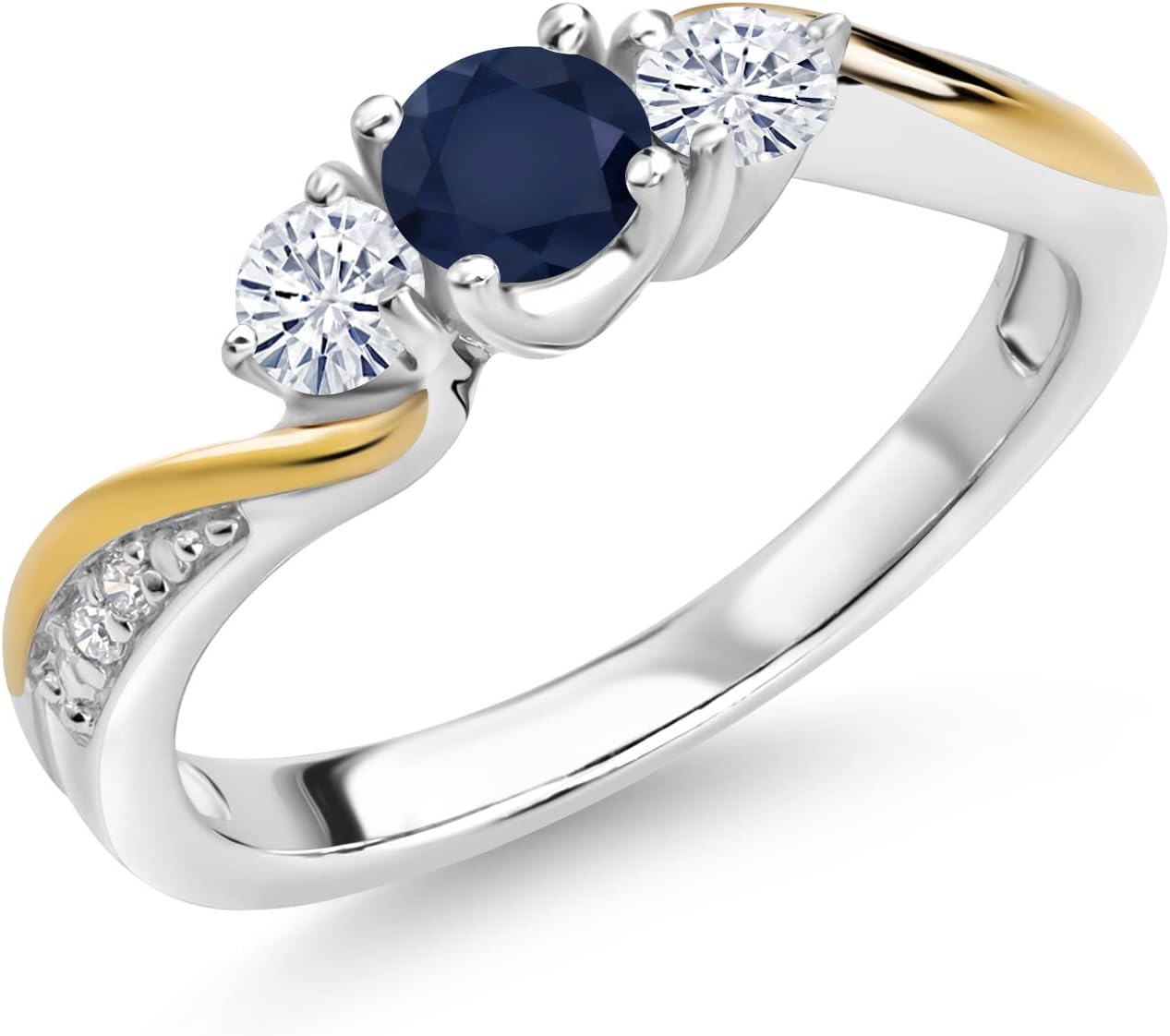 Gem Stone King 925 Silver and 10K Yellow Gold Blue Sapphire White Moissanite and Lab Grown Diamond 3 Stone Engagement Ring For Women | 0.58 Cttw | September Birthstone | Size 5, 6, 7, 8, 9