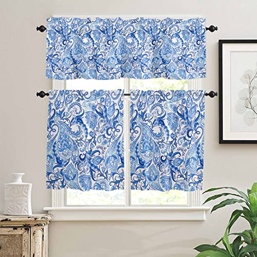 Window Kitchen Curtain Cafe Tier And Valance, Paisley Pattern National Style Plants Short Rod Pocket Small Half Window Treatments Layer Tiers Curtains For Kitchen/Bedroom/Bathroom/Basement #TOP1