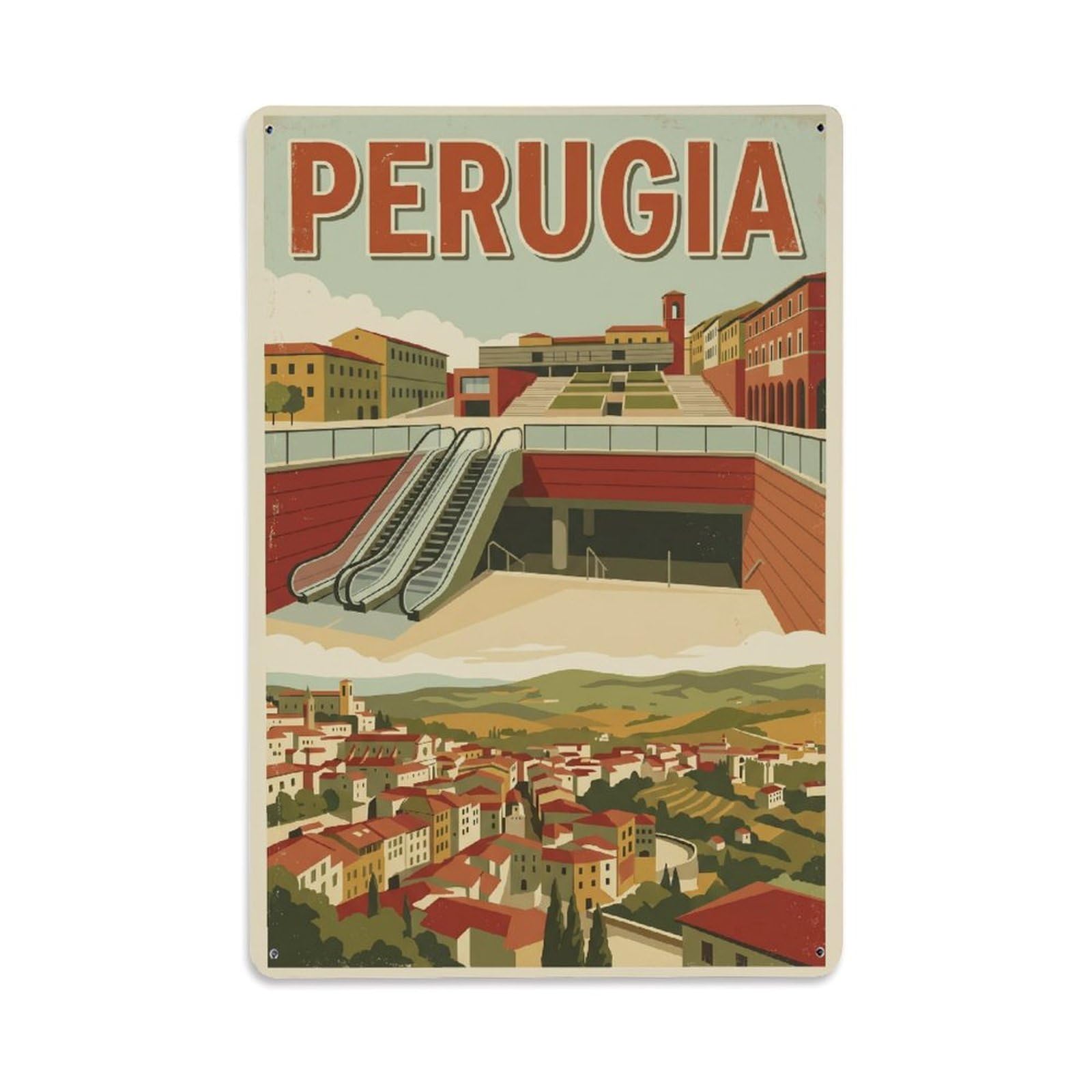 Vintage Travel Perugia Piazza Partigiani Italy Metal Tin Sign Plaque Wall Decor for Cafe, Club Bar, Office, Home Garden Metal Poster 8x12Inch