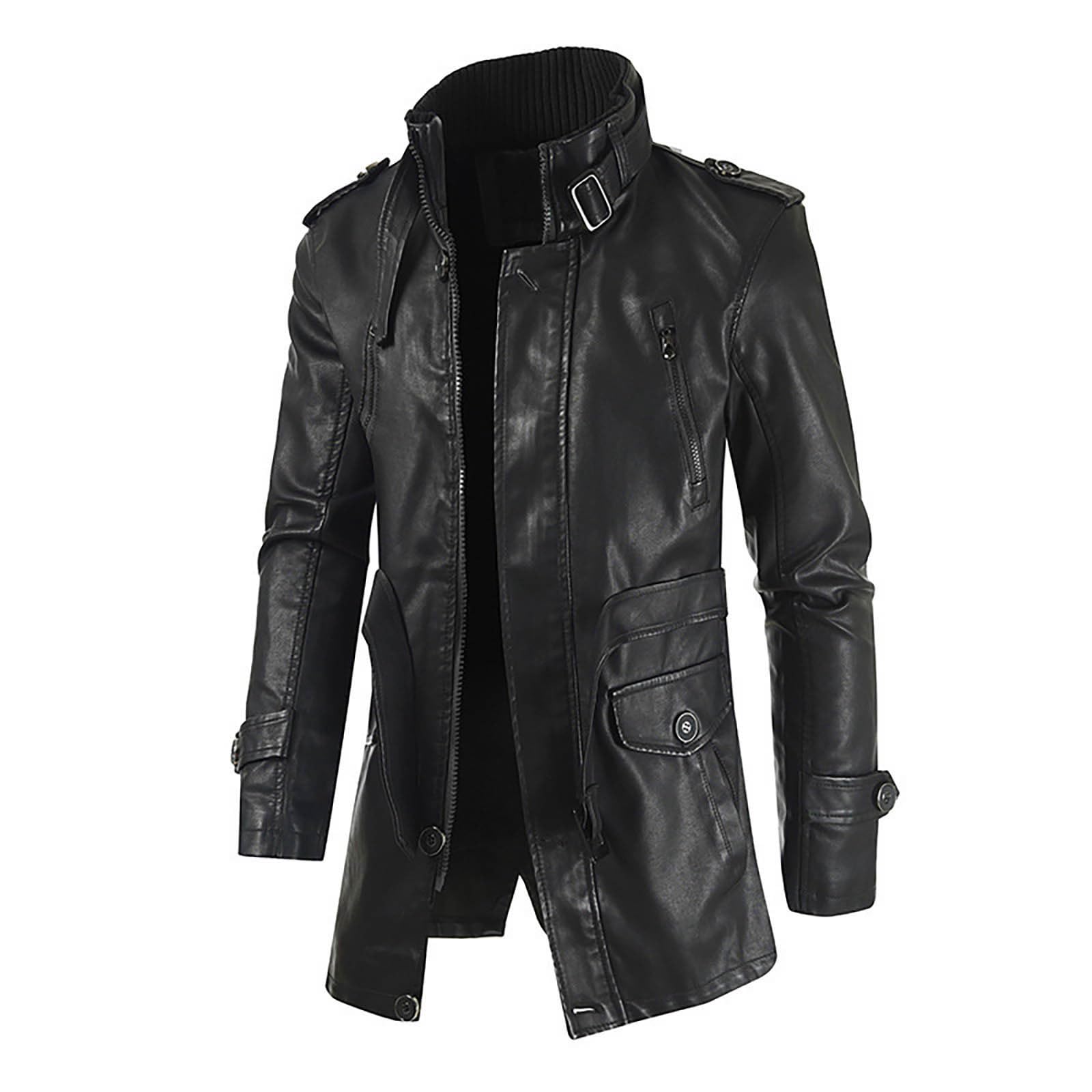 Chaqueta de invierno de cuero casual para hombre, gabardina de manga larga y cuello alto con cremallera