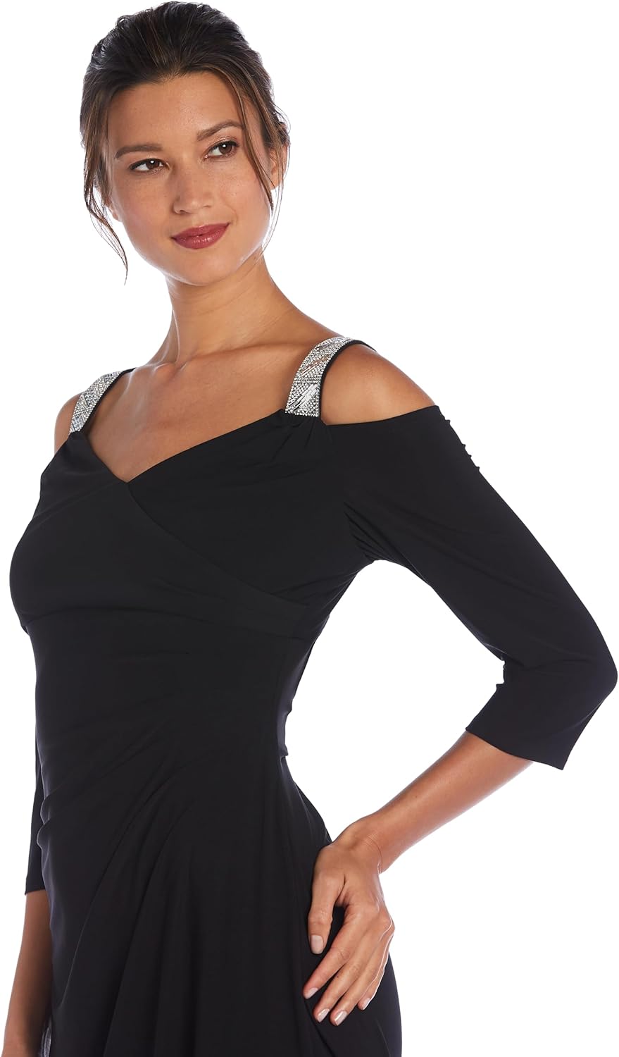 R&M Richards Womens Rhinestone Ruched Evening Dress