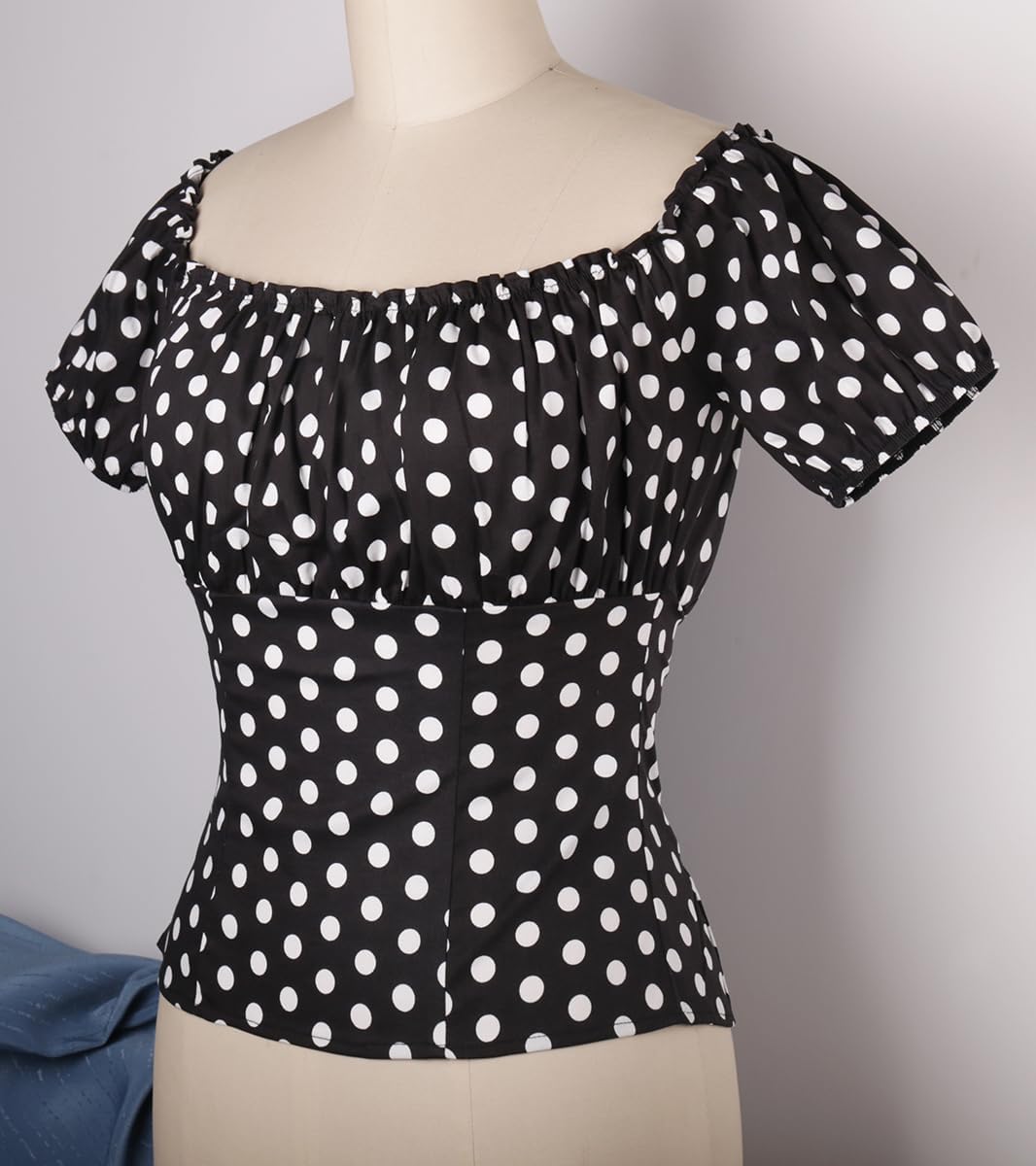 YARN & INK Women's 1950s Vintage Pinup Tops, Back Elastic Waist Cute Rockabilly Off Shoulder Shirt, Short Sleeves Blouse - Image 4