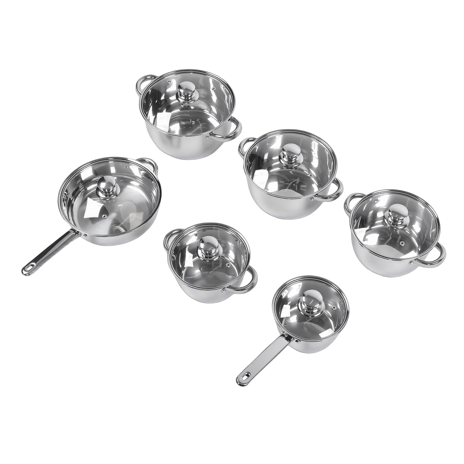 SUNGOOYUE Juego de Utensilios de Cocina de Acero Inoxidable, Juego de Ollas y Sartenes de 15 Piezas con Tapas de Vidrio, Agarre Antideslizante, a Prueba de Altas Temperaturas, Multifuncional para