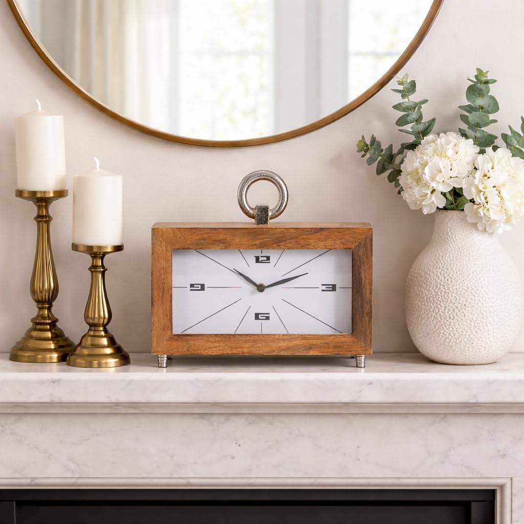 Rectangular Clock for Living Room Decor - Small Desk Clock for Office with Modern Wood and Metal Design - Decorative Accent for Mantel, Table Display, Console, and Home Styling - 10”, Brown