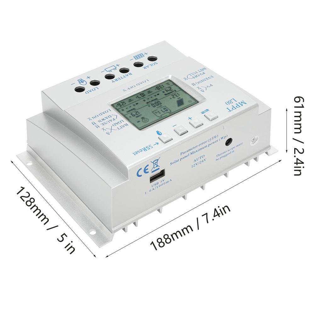 Controlador solar MPPT con pantalla LCD de 80 A, regulador PWM inteligente de 12 V y 24 V para solar fuera de la red, batería marina para el hogar, RV, material duradero