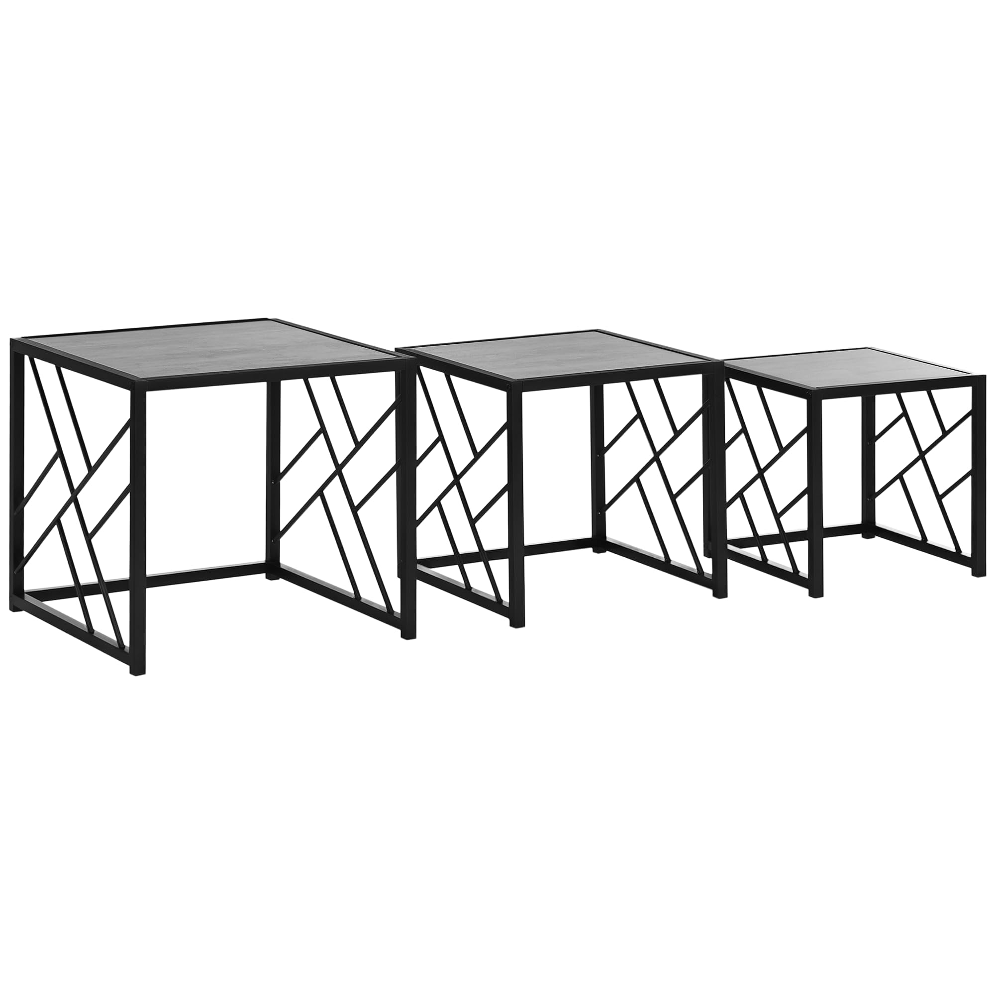 HOMCOM Nesting Coffee Tables, Set of 3 Square Side Tables with Black Metal Fr...