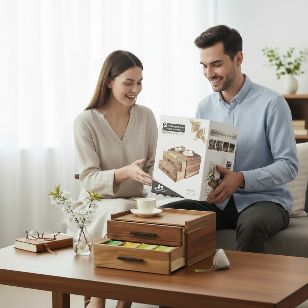 Teebeutel-Organizer aus Akazienholz mit Geschenkbox, Teebox mit doppelter Schublade, Teezubehör für Tee-Organizer und Aufbewahrungsbox, Teestation Truhe Caddy für Arbeitsplatte, Schrank, Büro (16