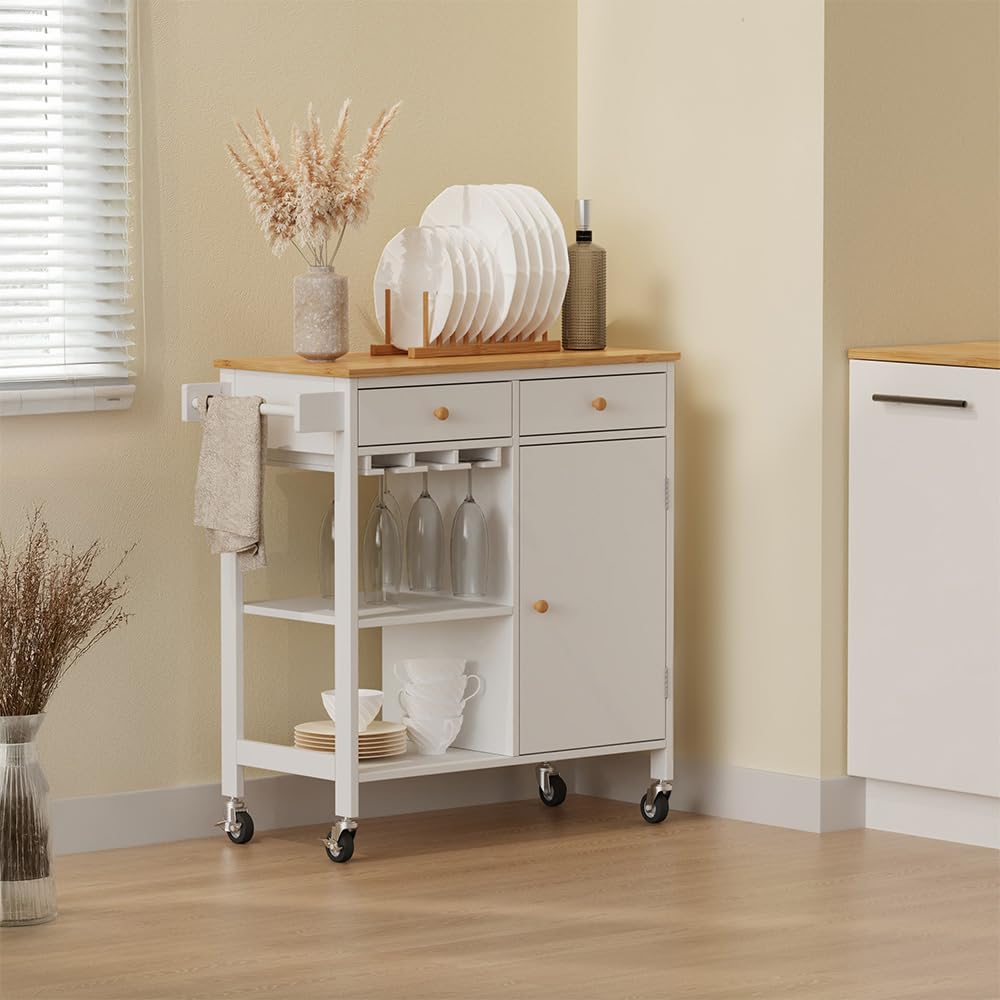 Vicco Küchenwagen Trayz, Weiß, 89 x 87 cm mit Rollen, mit Flaschenablage und Weinglashalter für Flexible Nutzung