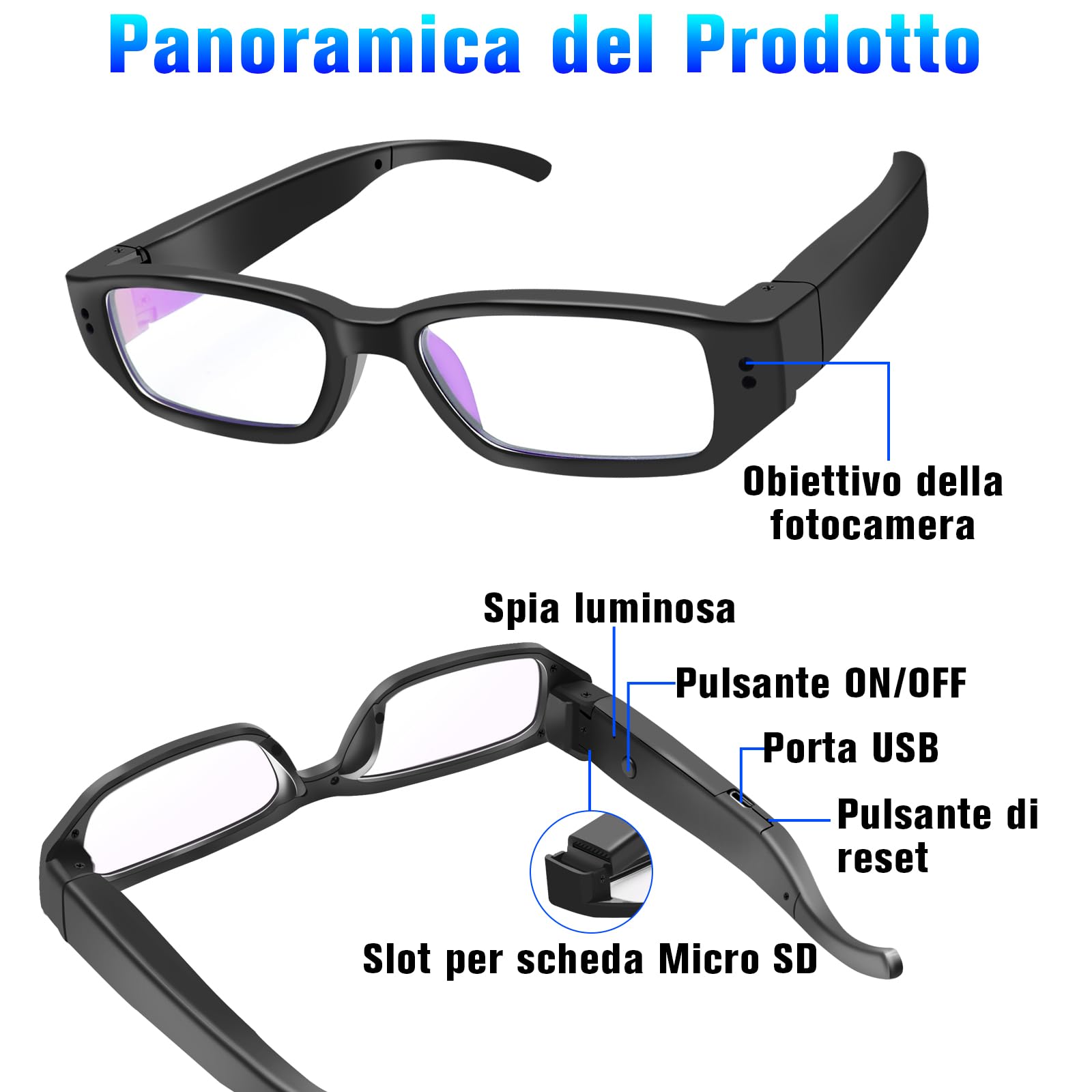 Telecamera Nascosta 16GB, Occhiali con Telecamera Spia HD 1080P, Occhiali con Mini Telecamera Spia Nascosta, Videocamera Sportiva per Registrazioni in Bicicletta e Attività all'aperto