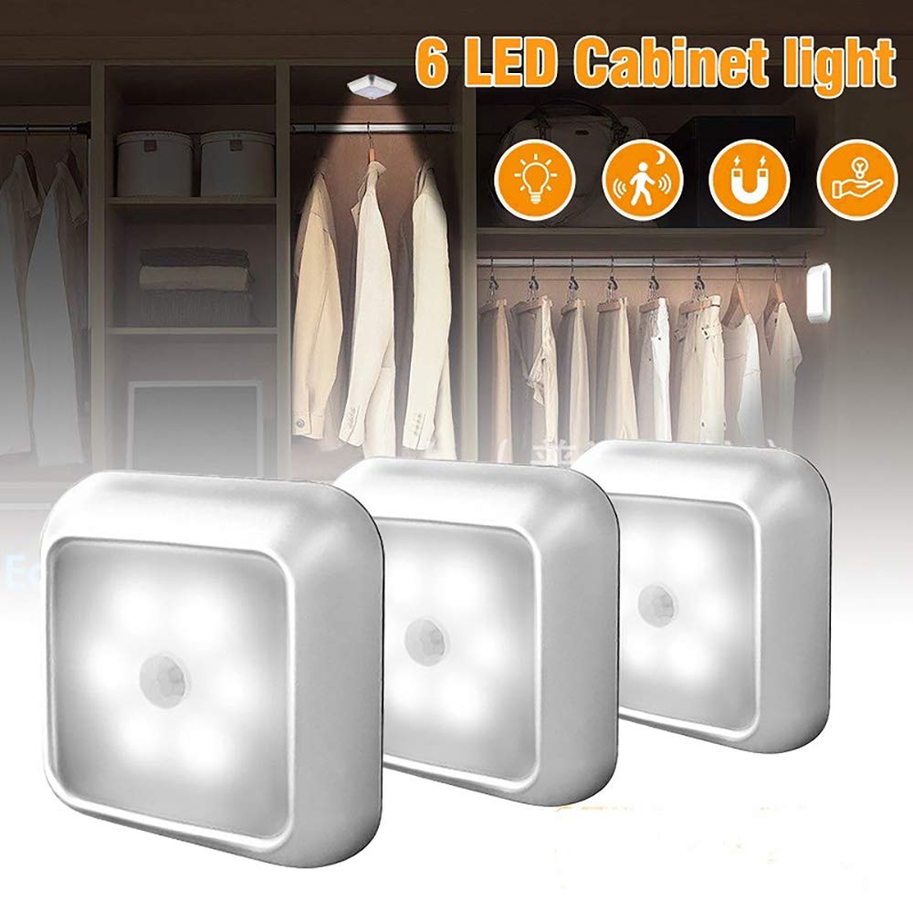 La luz del Sensor, Armario de luz, luz de Noche LED portátil, 6 súper Brillante Leds, con Pilas, móviles, imanes incorporados, luz Blanca para Escaleras, Pasillo-3 Pack