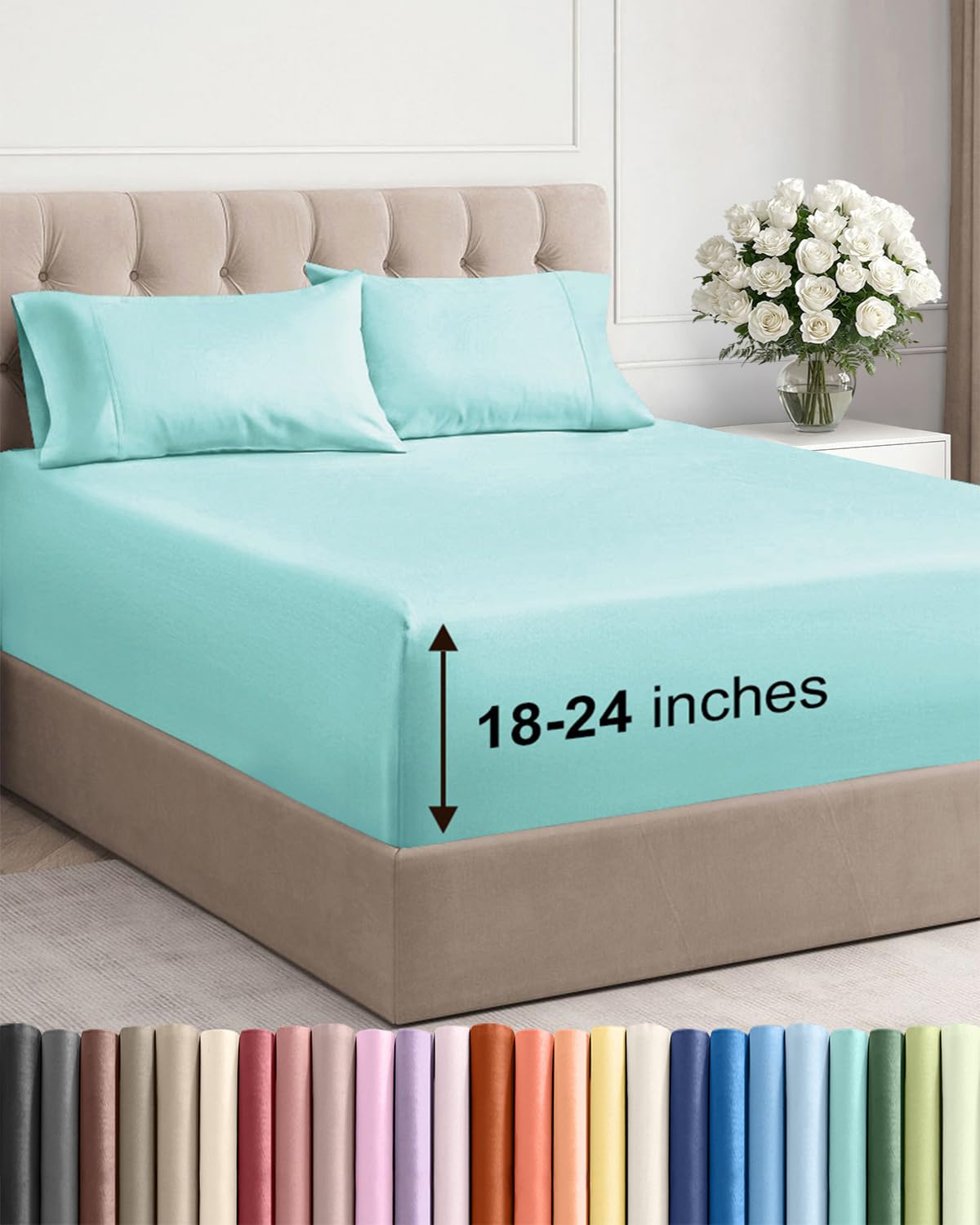 extra deep pocket queen sheets - 4 piece breathable & cooling bed sheets - hotel luxury bed sheet set - soft, wrinkle free & comfy - easily fits extra deep mattresses - deep pocket spa blue sheets set