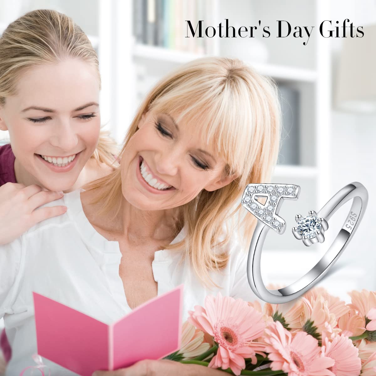 CRYSLOVE Anello da Donna Iniziale in Argento 925 Dalla A Alla Z di Anello Aperto Regolabile Lettera Captiale Argento,Regalo di Compleanno per la Festa Della Mamma