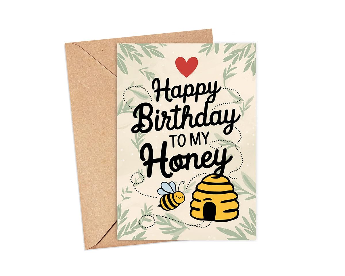 Happy Birthday To My Honey Card - Cute Bee And Beehive Design - Romantic And Sweet Greeting For Your Special Someone - Perfect For Celebrating Love On Their Birthday - Card With Envelope