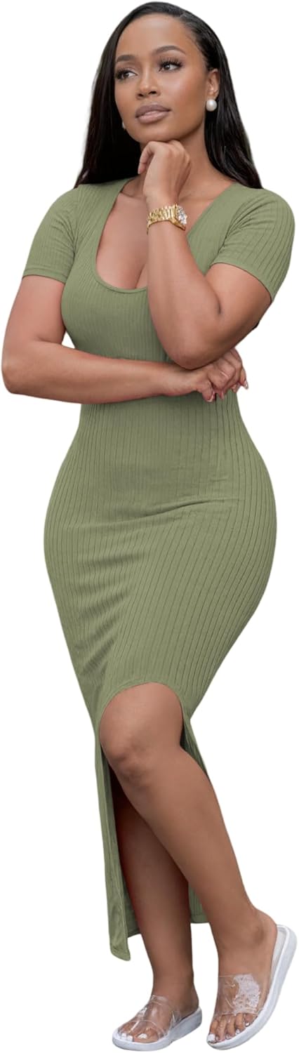 Womens Bodycon Maxi Dress Split Striped Ribbed Crewneck Short Sleeves Casual Sundress Solid Sexy Long Summer Dresses - Image 6