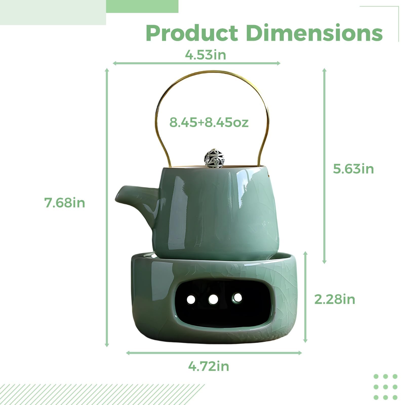 Japanisches Tee-Set mit Stövchen, Keramik-Teekanne und Teekocher, Eisriss-Glasur, Metallgriff, 11,9 x 5,8 cm, Hellgrün