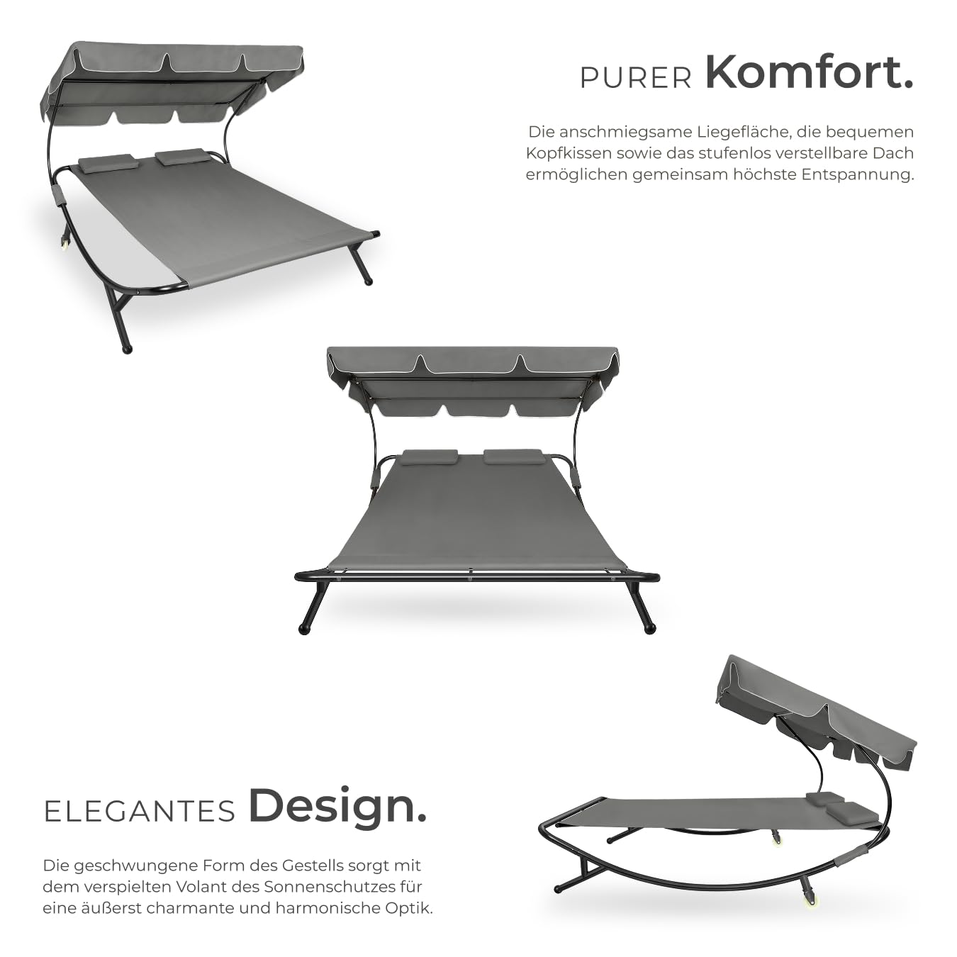 tectake Sonnenliege, Doppelliege, Outdoor Liege für 2 Personen, Gartenliege mit Sonnendach, Relaxliege, Sonnenliege mit Dach, inkl. 2 Kissen, ideal für Garten oder Balkon - schwarz/grau