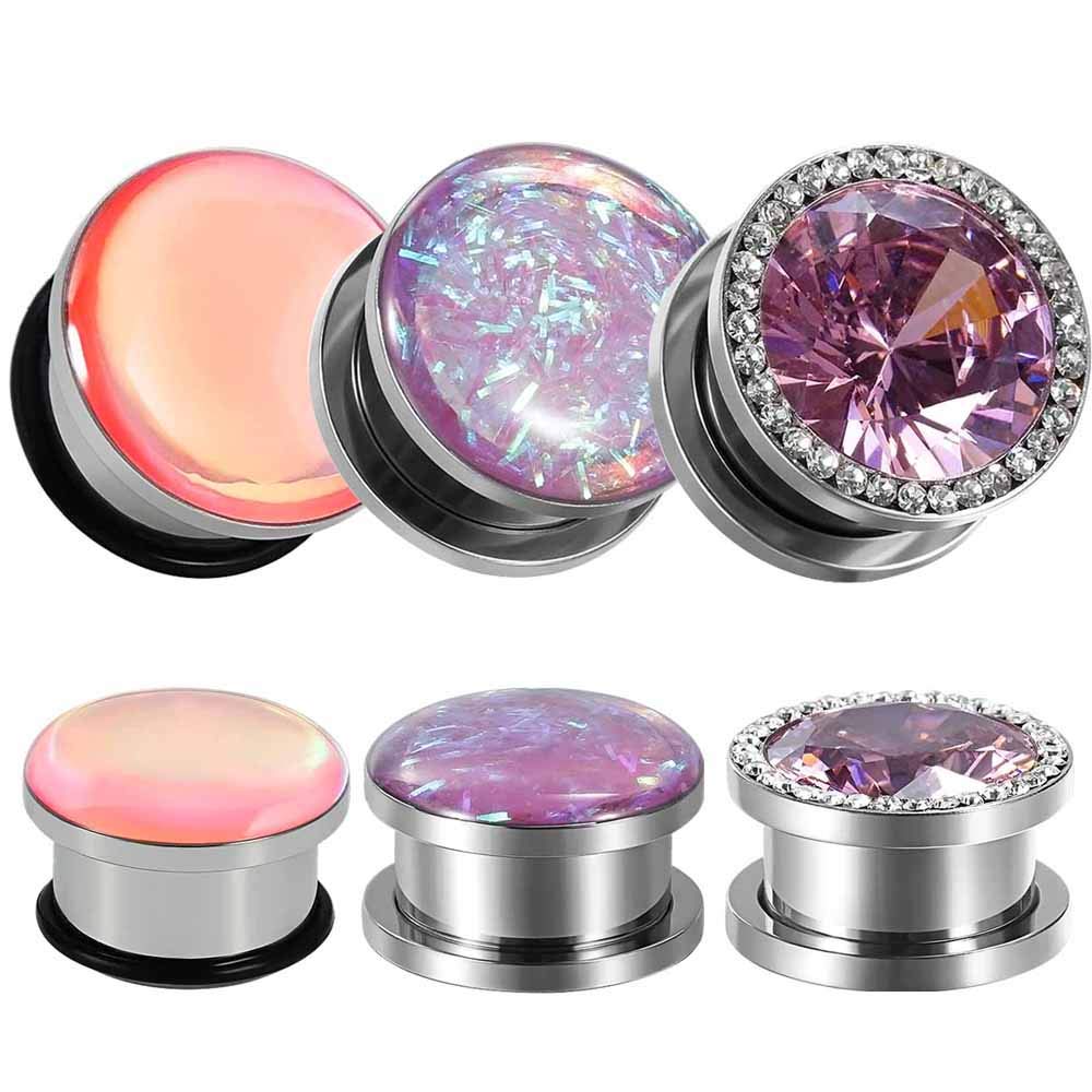 TBOSEN 6 PCS Big Cubic Zirconia Stainless Steel Screw Ear Gauges Plugs Tunnels Expander Body Piercing Jewelry Set