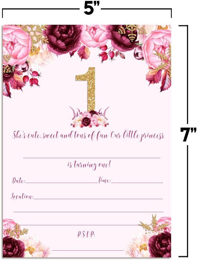 Watercolor Floral Princess with Snowflakes 1st Birthday Party Invitations for Girls, 20 5x7 Fill In Cards with Twenty White Envelopes by AmandaCreation