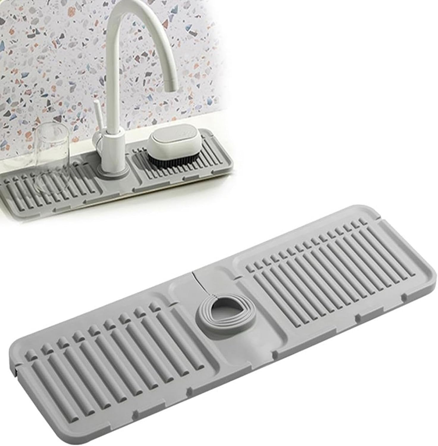 2 in 1 Absorbent Silicone Mat, Kitchen Sink Mat Custom Fit for All Faucets, Sink Mat Kitchen Mats，Neat Kitchen Storage (Grey, 1PCS)