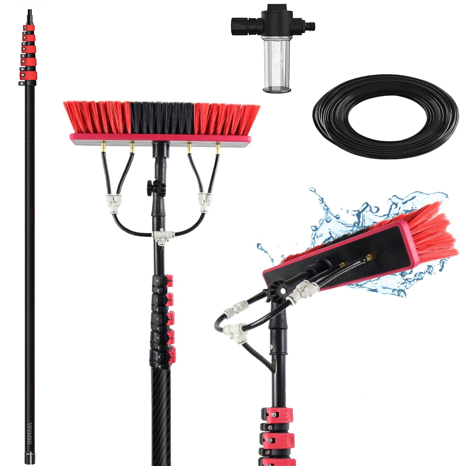 Brosse de lavage télescopique jusqu'à 4,6 m avec distributeur de savon et système pour Brosse de lavage télescopique jusqu'à 4,6 m avec distributeur de savon et système pour