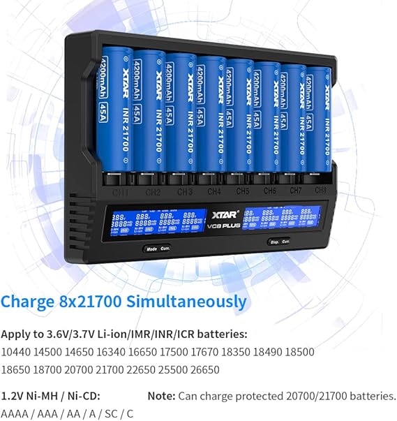 8 bays 21700 18650 Battery Charger XTAR New VC8 Plus 21700 Smart Charger with LCD Display,1A*8 Fast Charger for 3.6V 3.7V Li-ion 10440 18700 26650 1.2V Ni-MH AA AAA C Full Set with DC 12V 3A Adapter