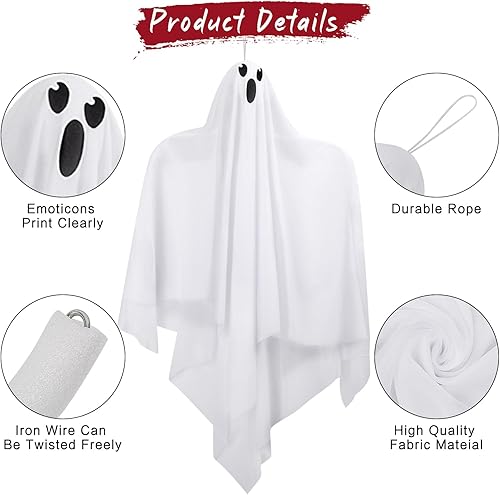 Miniatura 4 de Fantasma colgante de Halloween para decoración al aire libre, paquete de 4 lindos fantasmas voladores de 27.5 pulgadas, decoración de Halloween al