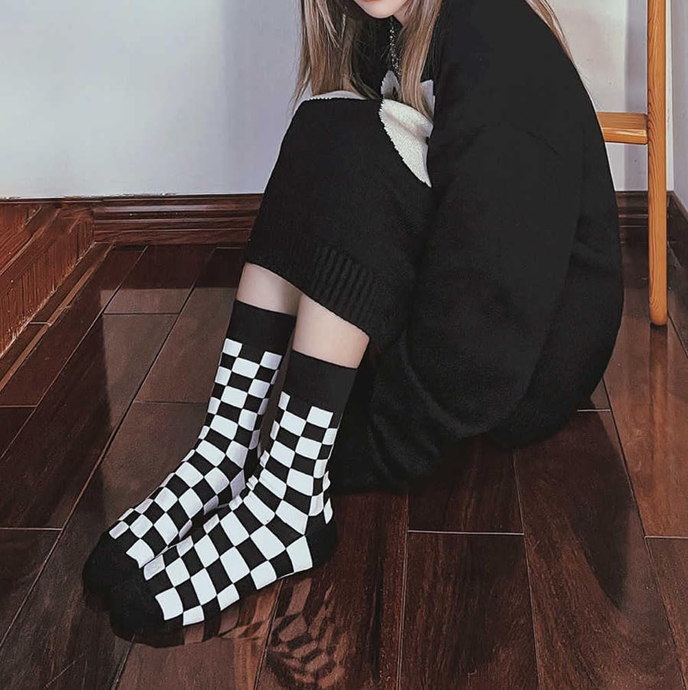 2 Pairs Women Organic Cotton Soft Cozy Checkerboard Checkered Socks Calf Crew Plaid Graphic Casual Spring Winter Outdoor Valentine's Day Gifts Black White 2026 - Image 2