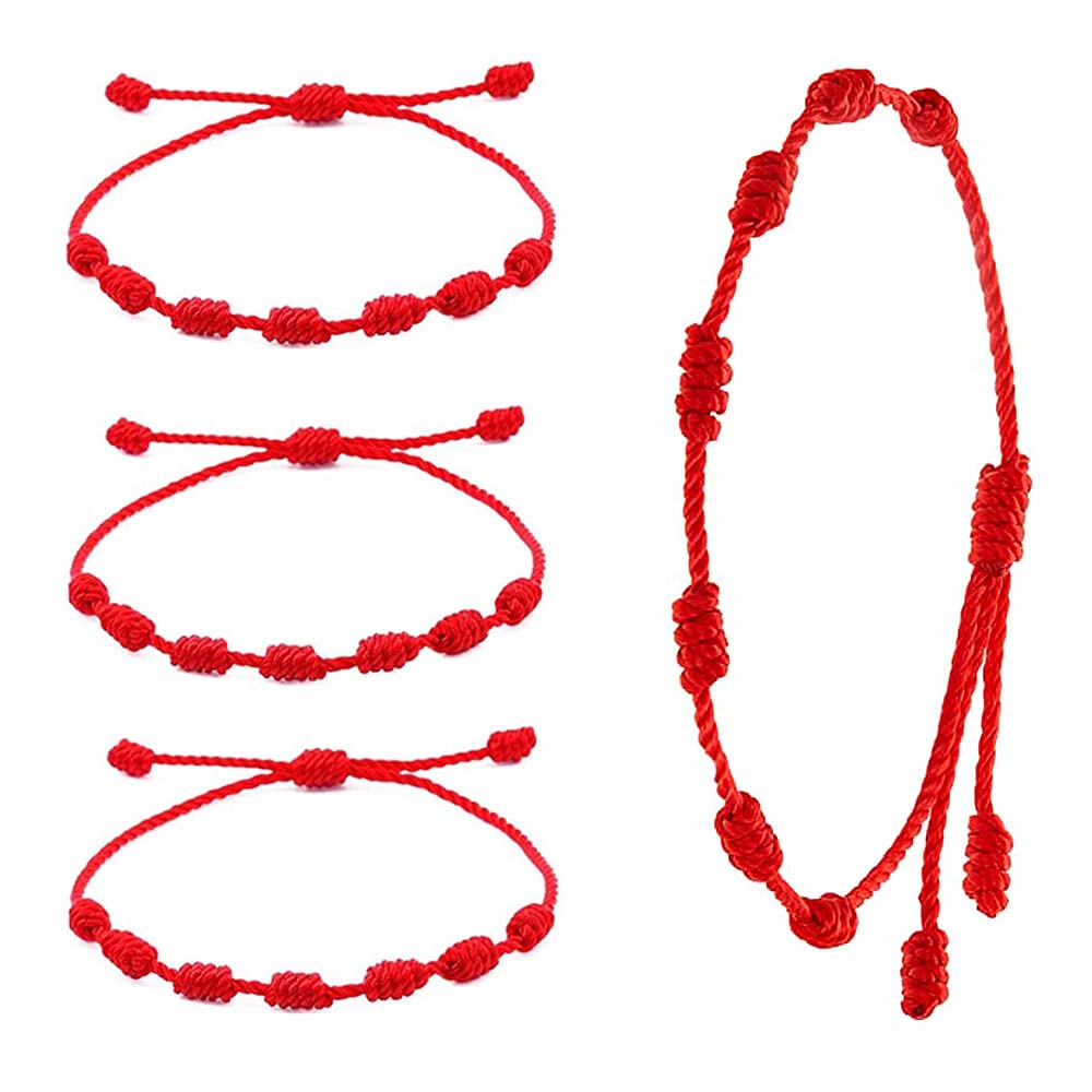 Voarge 4 Piezas Pulsera de Hilo Rojo de 7 Nudos, Hilo de Pulsera Rojo Ajustable, Pulsera de Nudo Afortunado Hecho a Mano, para Mujeres Hombres Amistad
