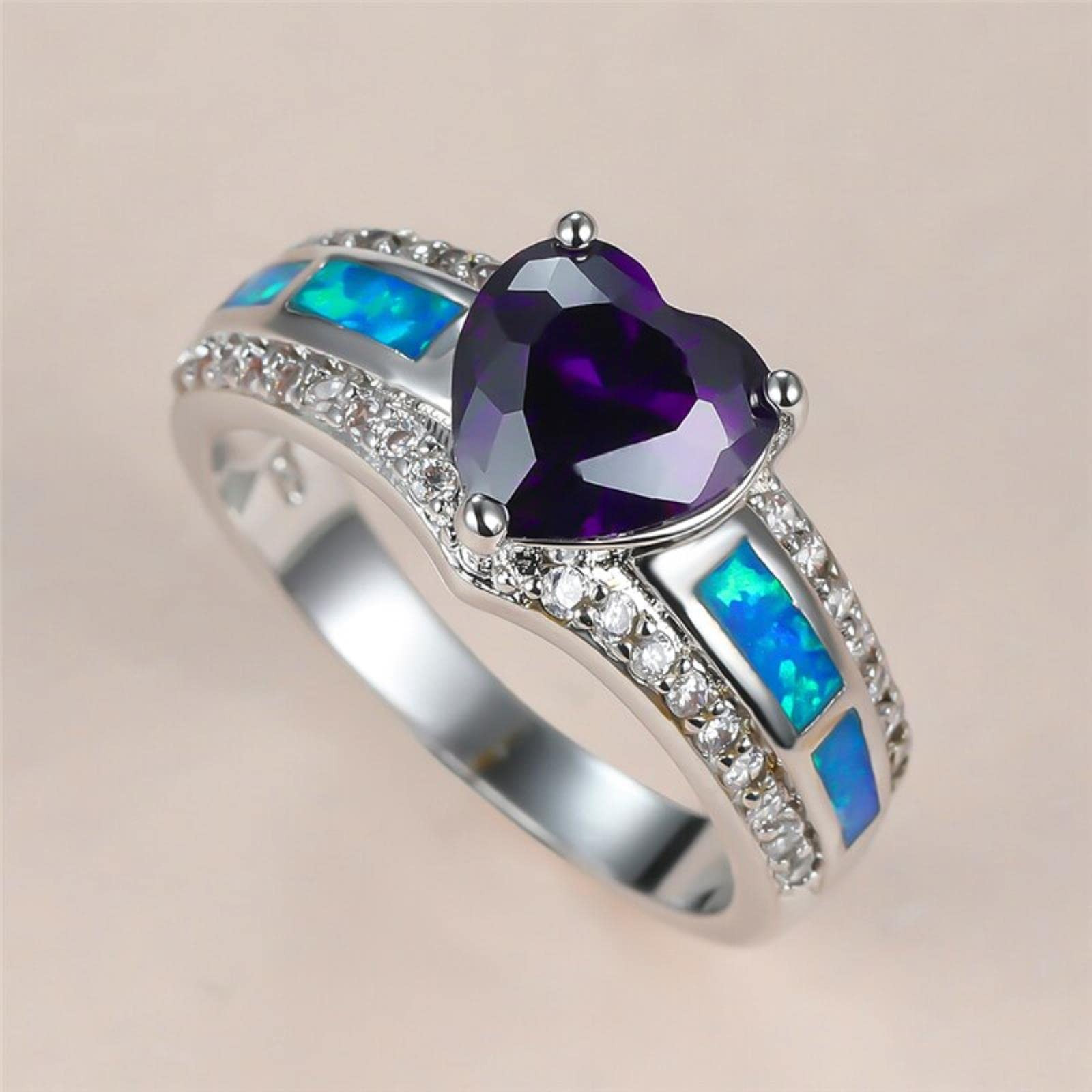 Cute Female Purple Heart Crystal Ring Charm Silver Color Wedding Ring Luxury Blue Opal Stone Engagement Rings For Women