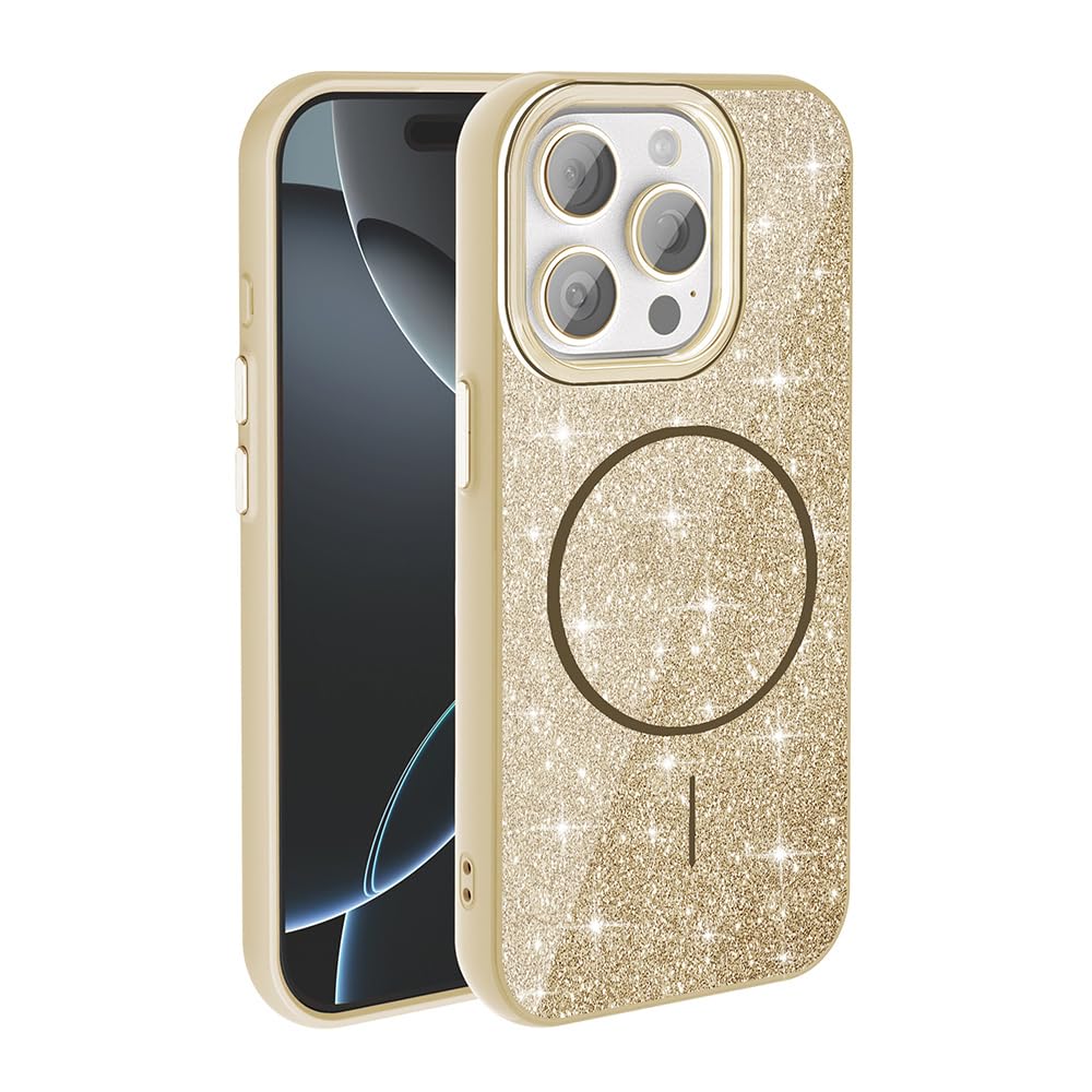 Zore Apple için uyumlu iPhone 15 Pro Max Kılıf M-safe Şarj Özellikli Parlayan Simli Zore Okso Kapak Gold
