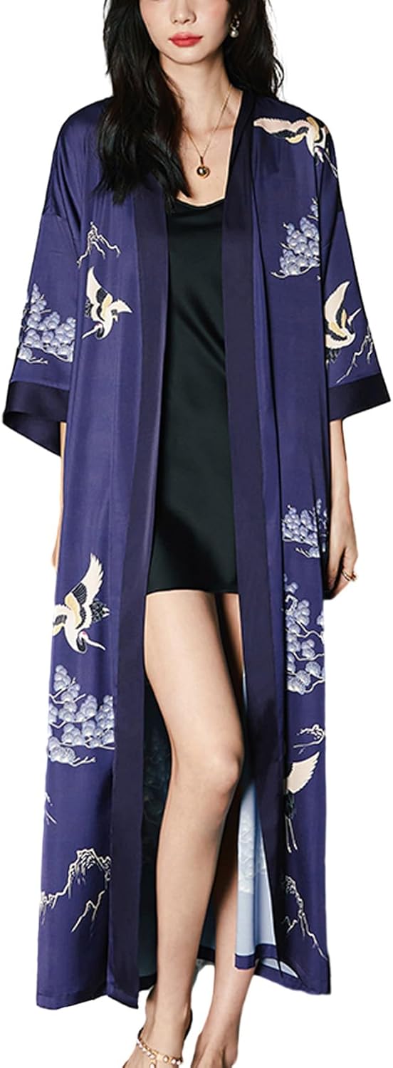 Silk Satin Robe for Women Long Japanese Kimono Robe Lightweight Soft Bathrobe Floral Luxury Dressing Gown