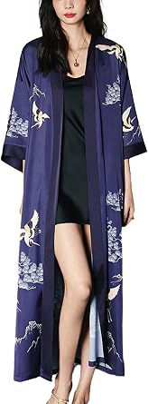 Satin Long Robe for Women Japanese Silk Kimono Robe Lightweight Soft Bathrobe Floral Luxury Dressing Gown