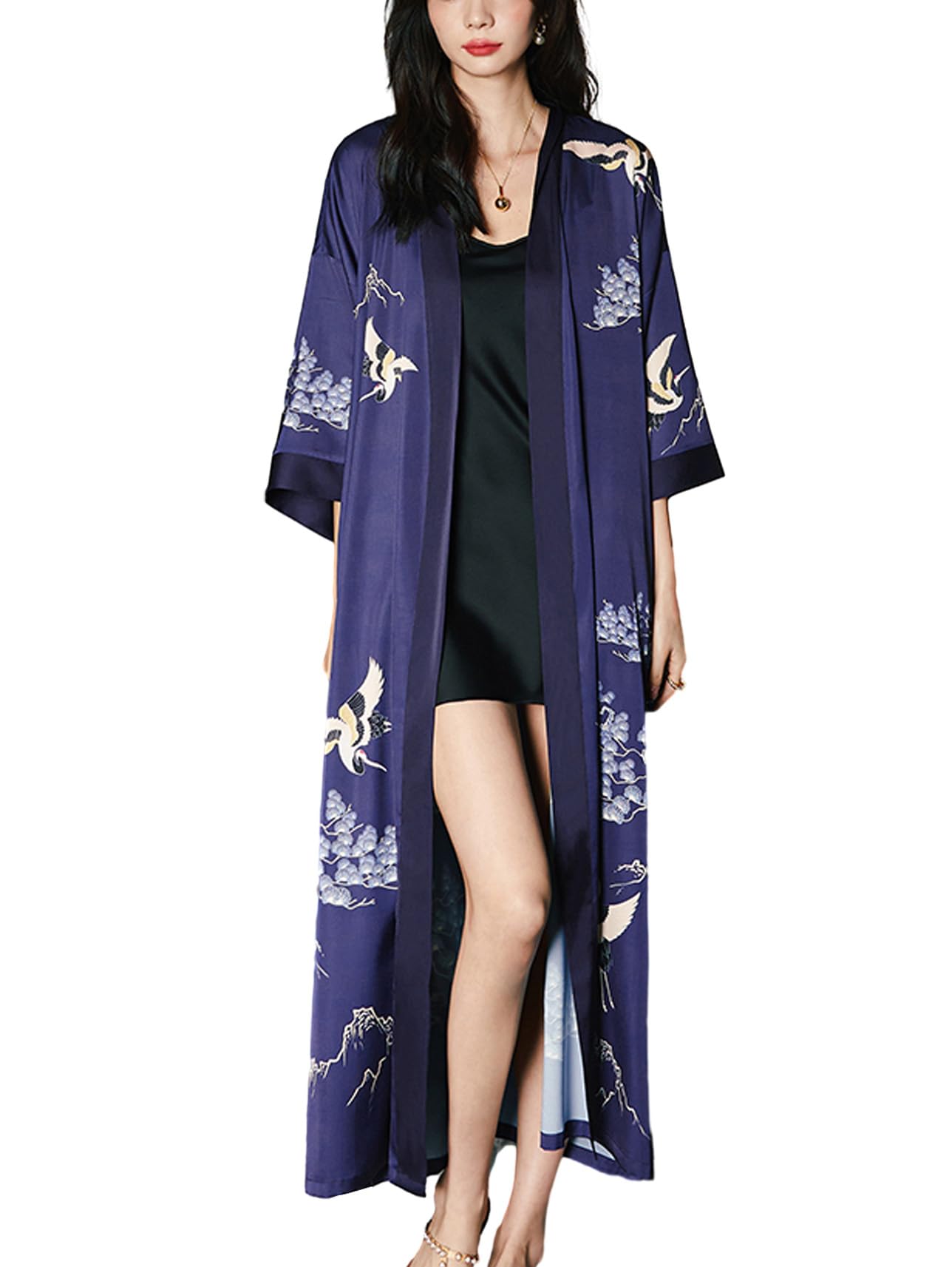 Daiwor Kout Silk Satin Robe for Women Long Japanese Kimono Robe Lightweight Soft Bathrobe Floral Luxury Dressing Gown