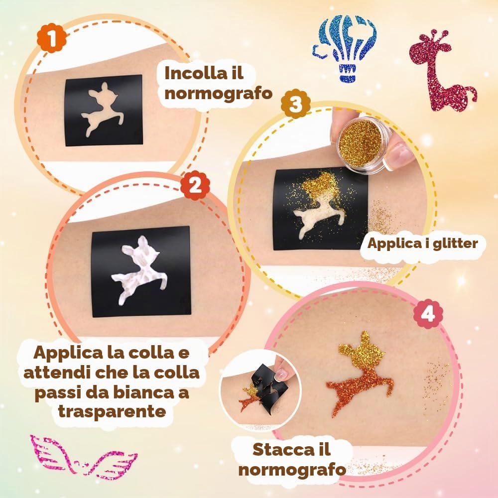 Bledras Kit Tatuaggi Glitter per Bambini, Regalo per Compleanno Festa di Carnevale 36 Colori con 18 Stencil, Kit Trucco Temporaneo Non Tossico per Bambini, Regalo per Compleanno Festa di Natale