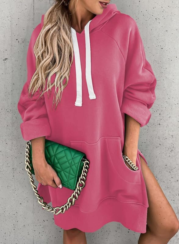 SHEWIN Women's Oversized Casual Pullover Long Sleeve Split Hem Drawstring Hoodies Dress With Kangaroo Pocket - Image 7