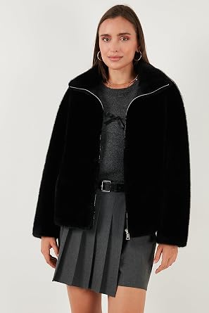 Lela Oversize Fit Dik Yaka Fermuarlı Kürk Bayan KÜRK 497ZETA