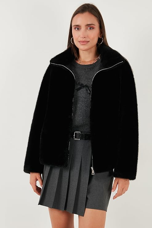Lela Oversize Fit Dik Yaka Fermuarlı Kürk Bayan KÜRK 497ZETA