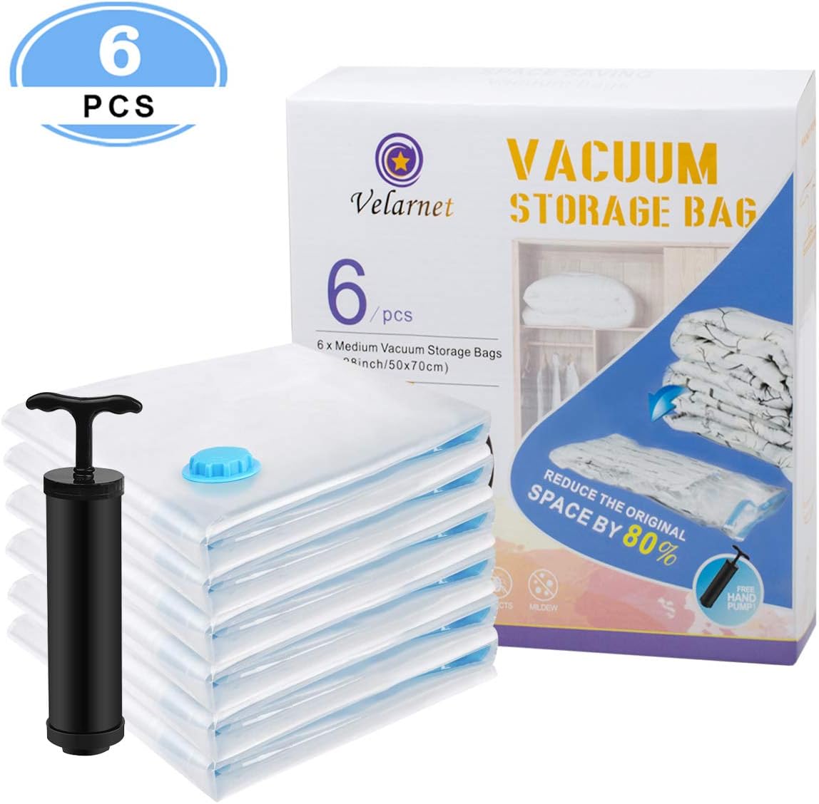 Premium Medium Vacuum Storage Bags Works with Any Vacuum Cleaner-Double-Zip Seal and Triple Seal Turbo-Valve for 80% More Compression 6 Pack(6 x Medium), Free Hand-Pump for Travel in Includ